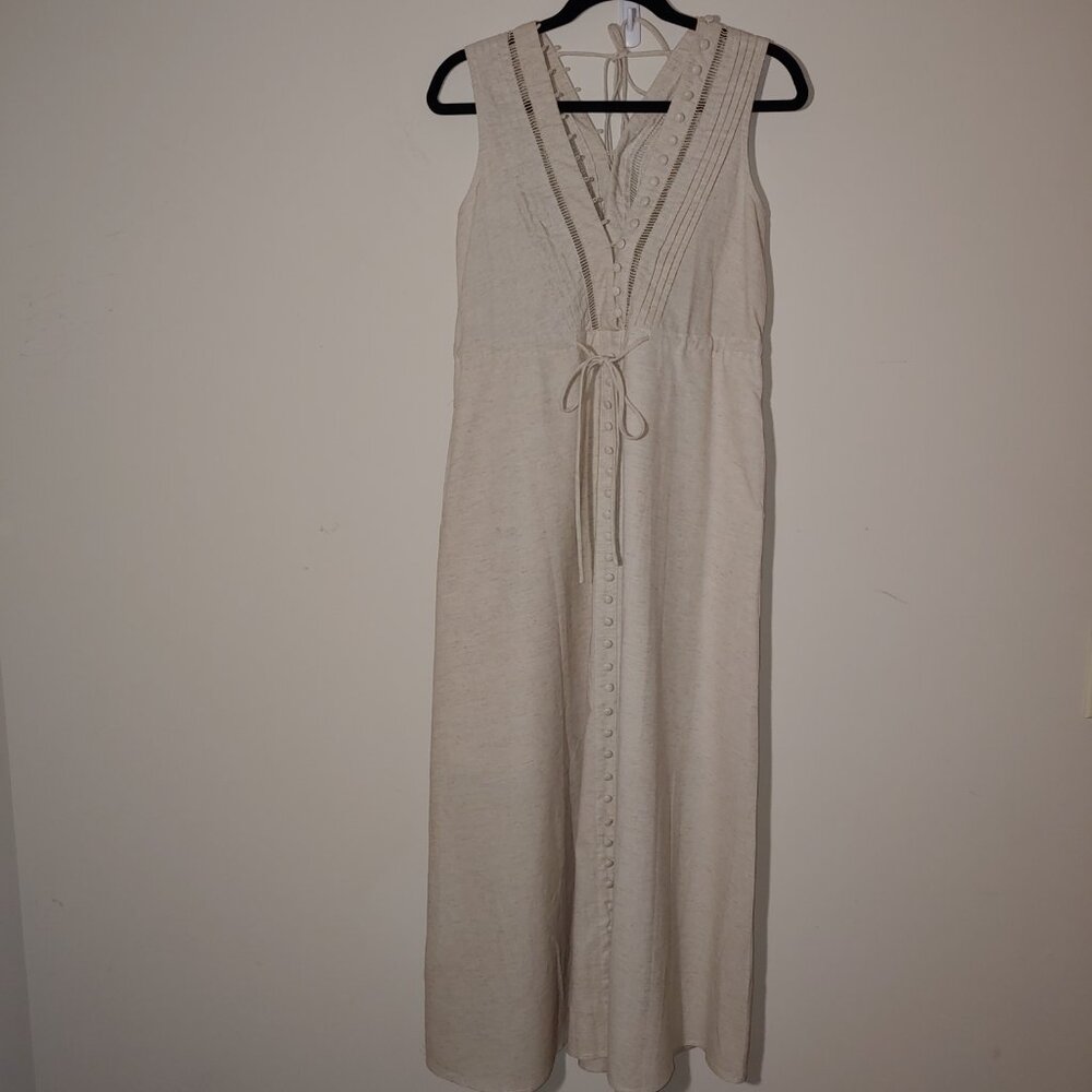ChickWish V-Neck Buttoned Sleeveless Midi Dress in Linen Size S Cream
